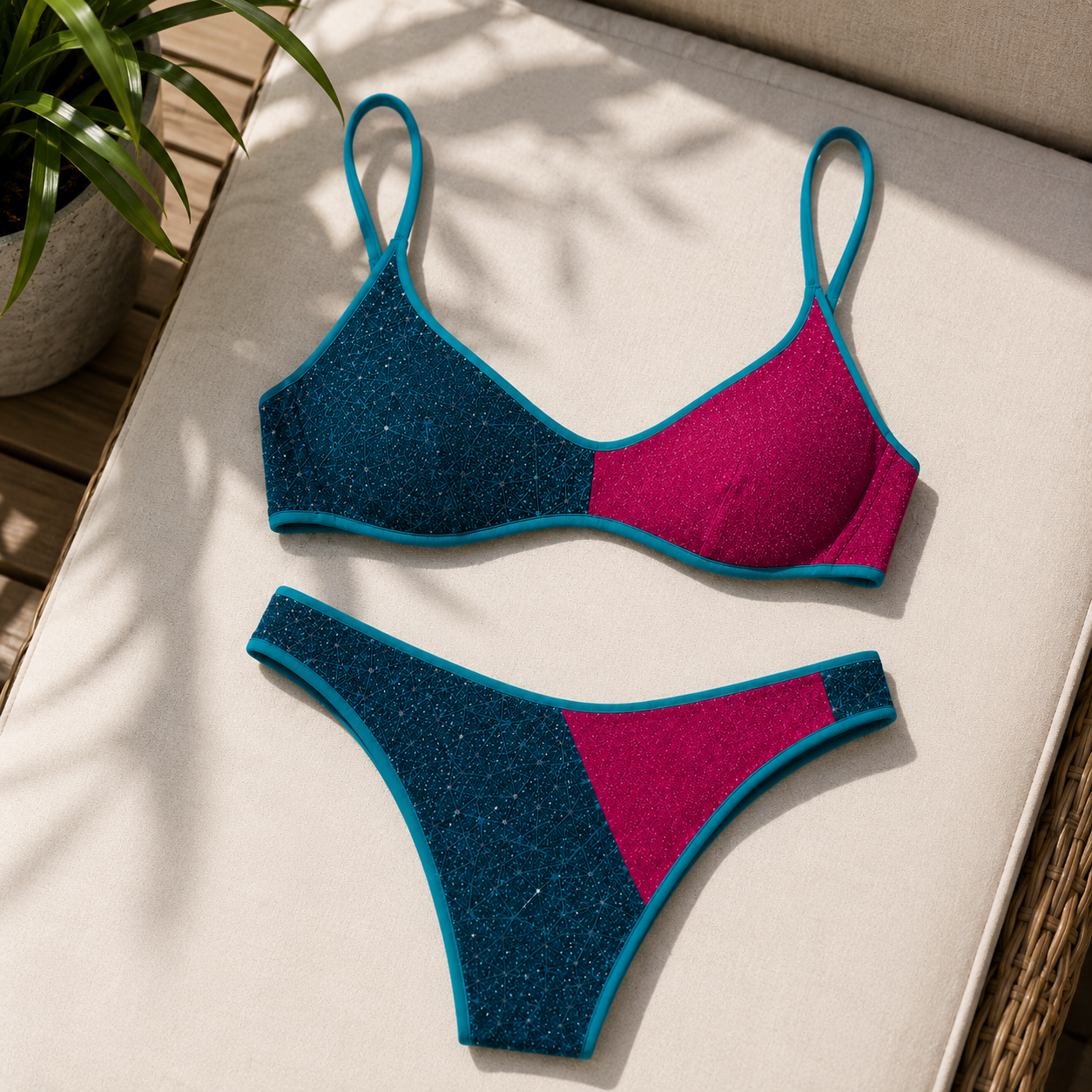 Bikini Shimmer Bicolore Turchese e Fucsia – Eleganza Contemporanea