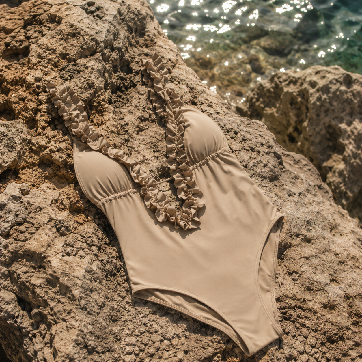 Costume Intero Beige con Volant – Eleganza Naturale